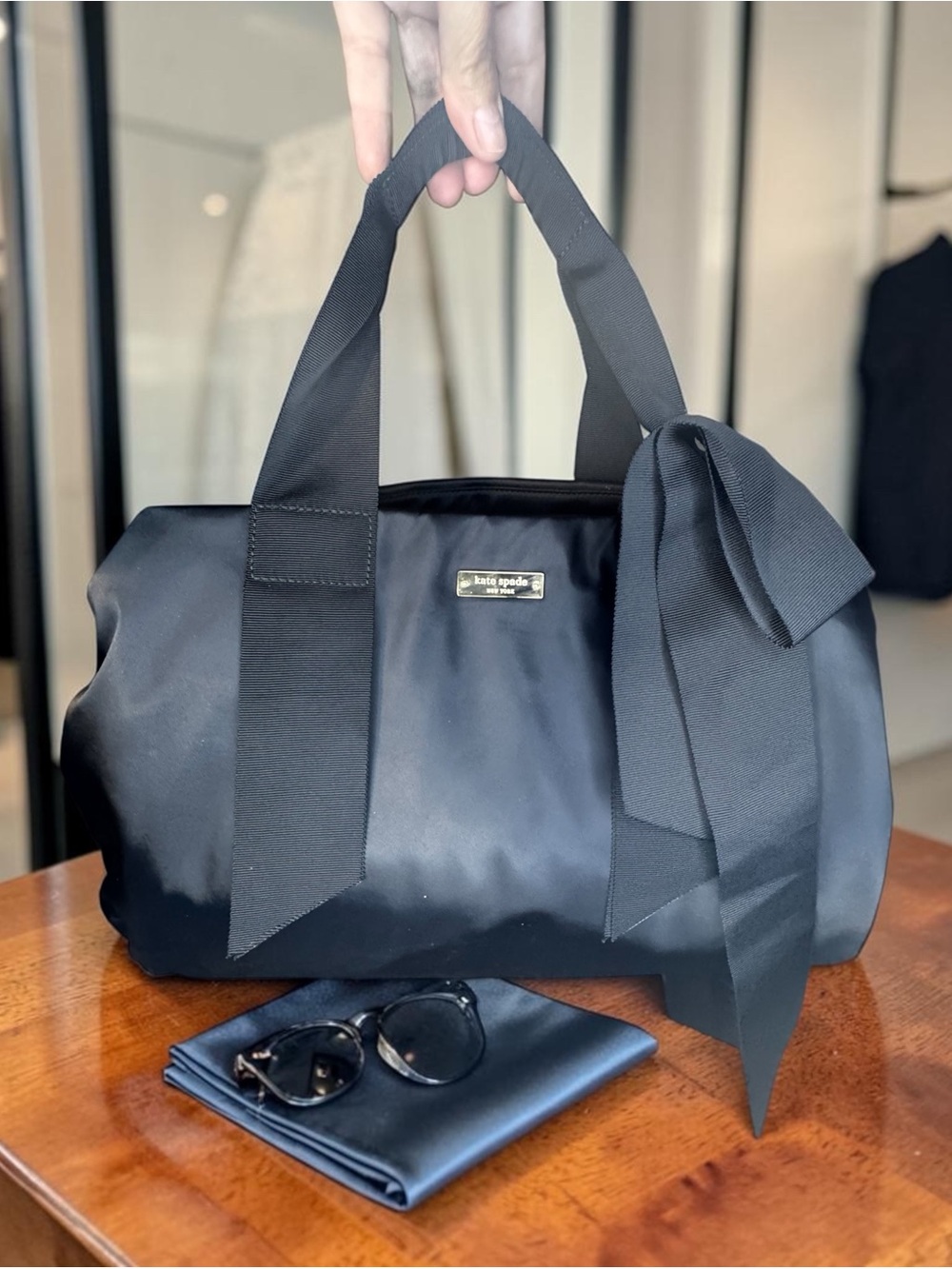 kate spade Black Satin Duffel with Bow Accent